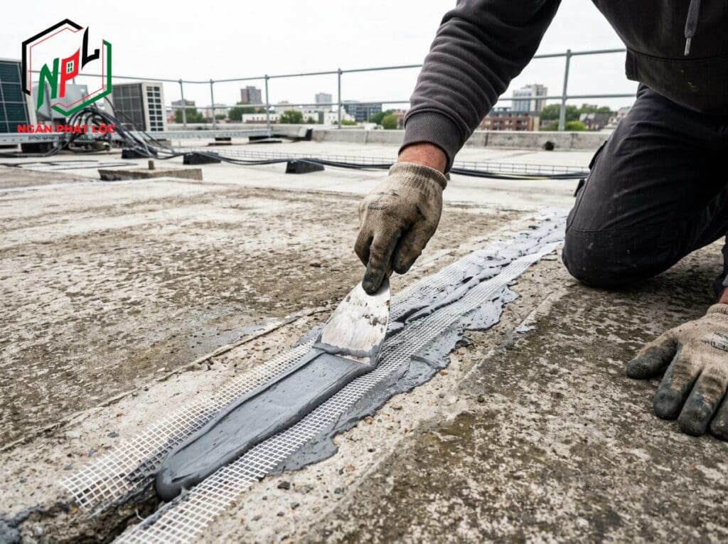 Trám keo và dán lưới gia cường vét nứt sàn mái