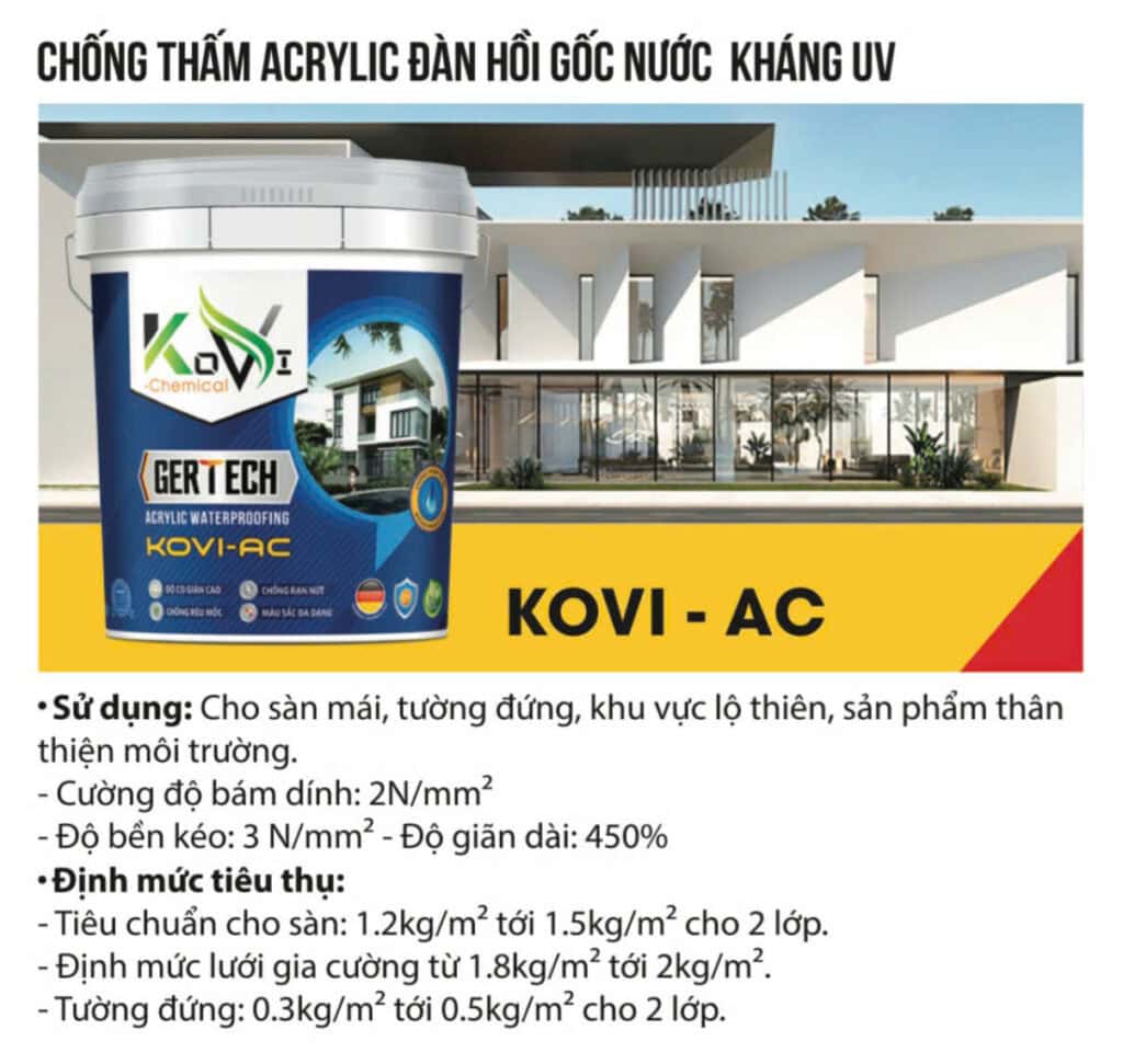 Nhóm Acrylic thường được cân nhắc cho tường, mái hoặc khu vực lộ thiên khi điều kiện bề mặt và hệ hoàn thiện phù hợp.