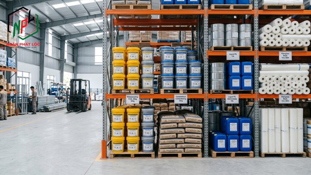 kho hàng và showroom vật liệu chống thấm sơn lót nội thất chính hãng tại Ngân Phát Lộc Đà Nẵng