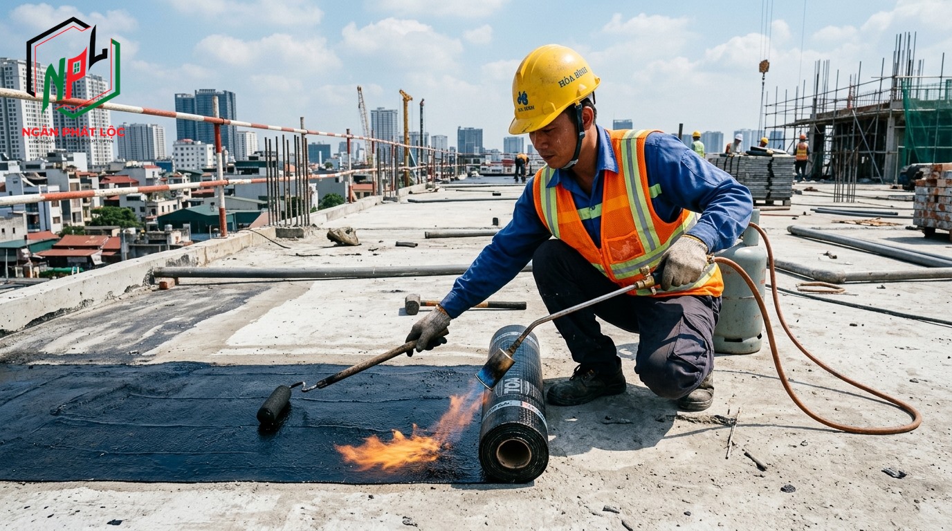 thợ thi công khò màng chống thấm khò nóng bằng đầu khò gas