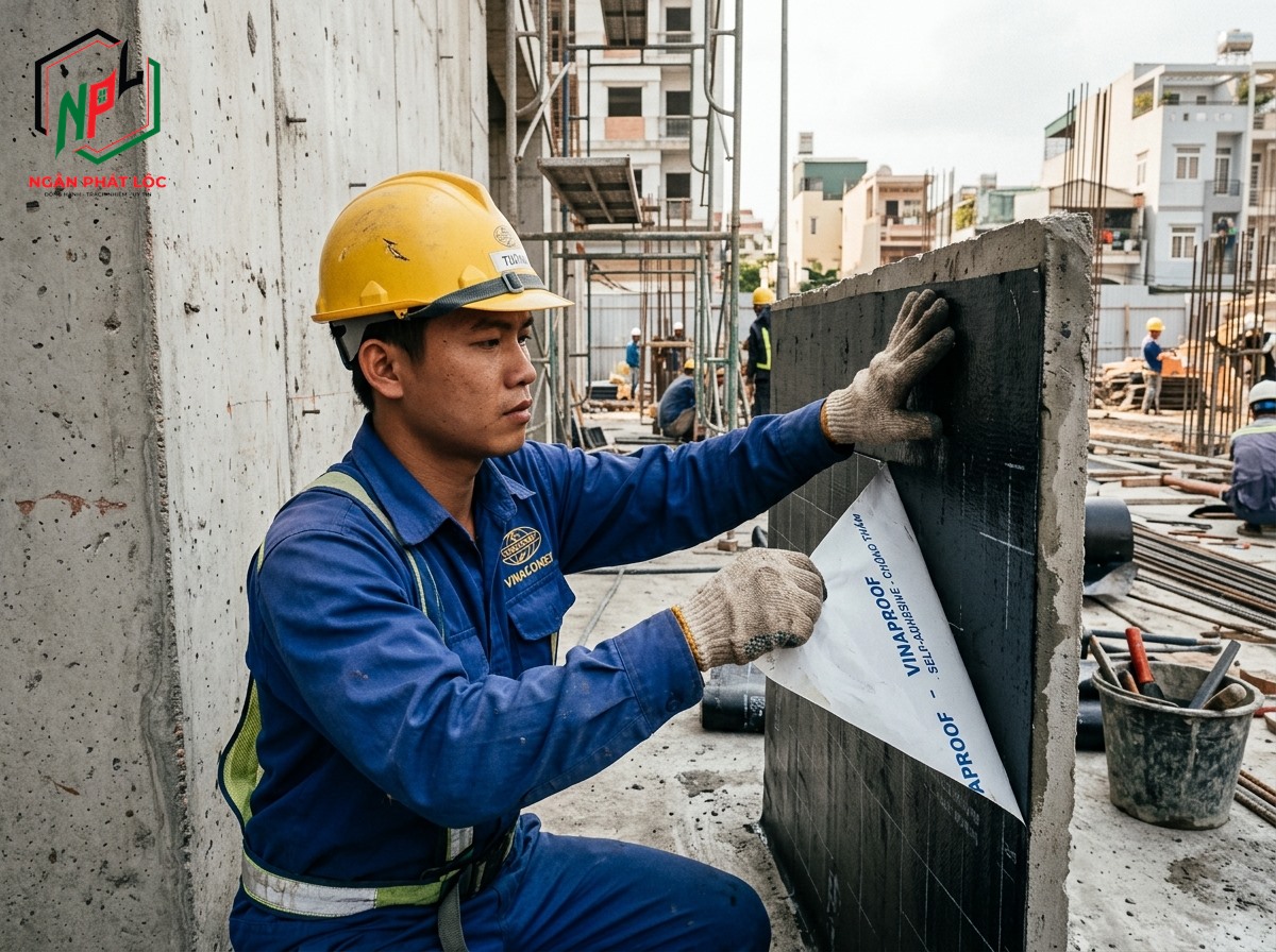 thi công dán màng chống thấm tự dính nguội mặt góc tường