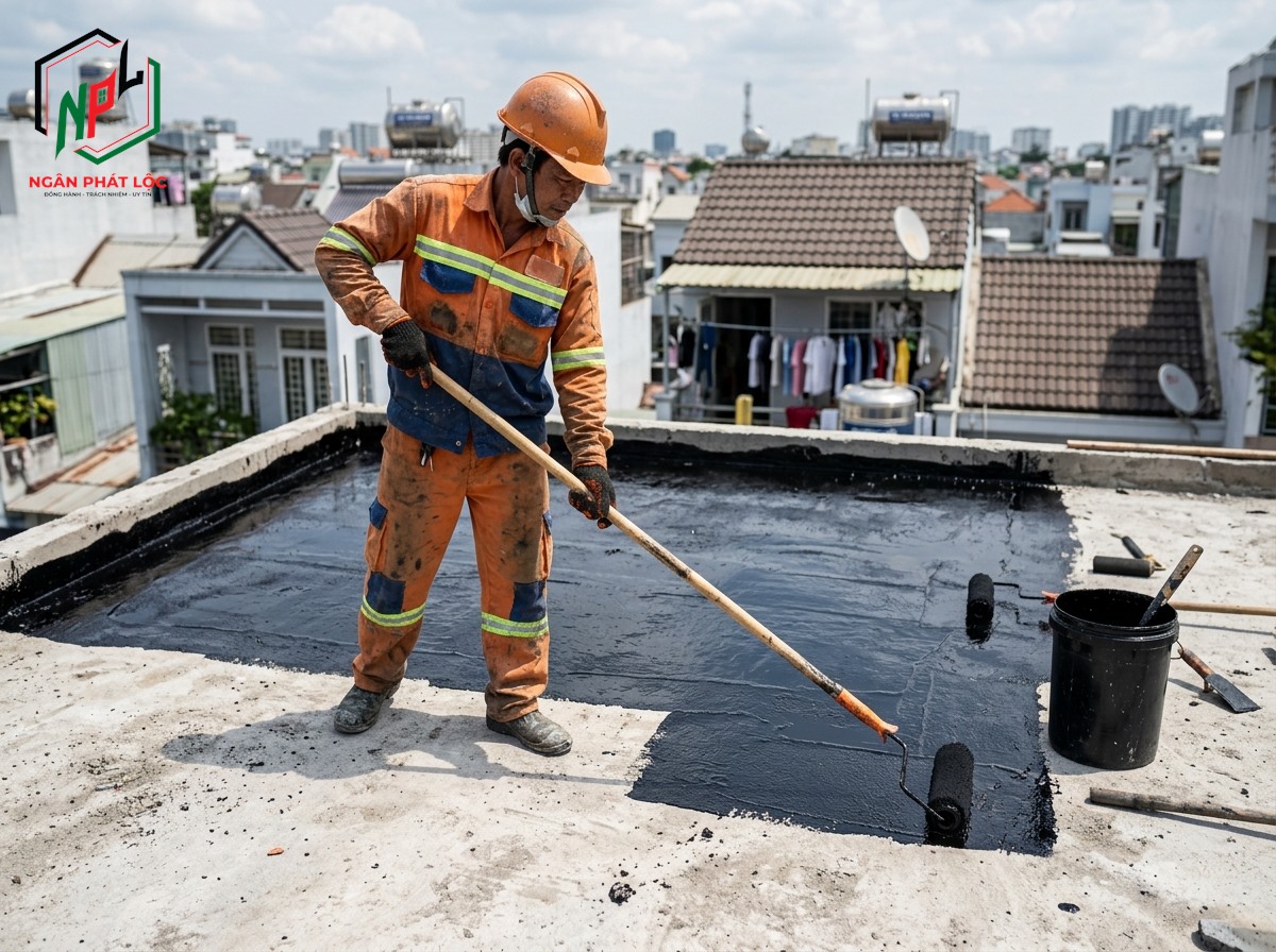 lăn sơn lót bitum primer chống thấm cho sàn bê tông trước khi dán màng
