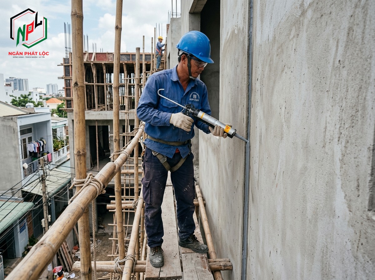 thợ bắn súng keo polyurethane trám khe tiếp giáp ngoài trời
