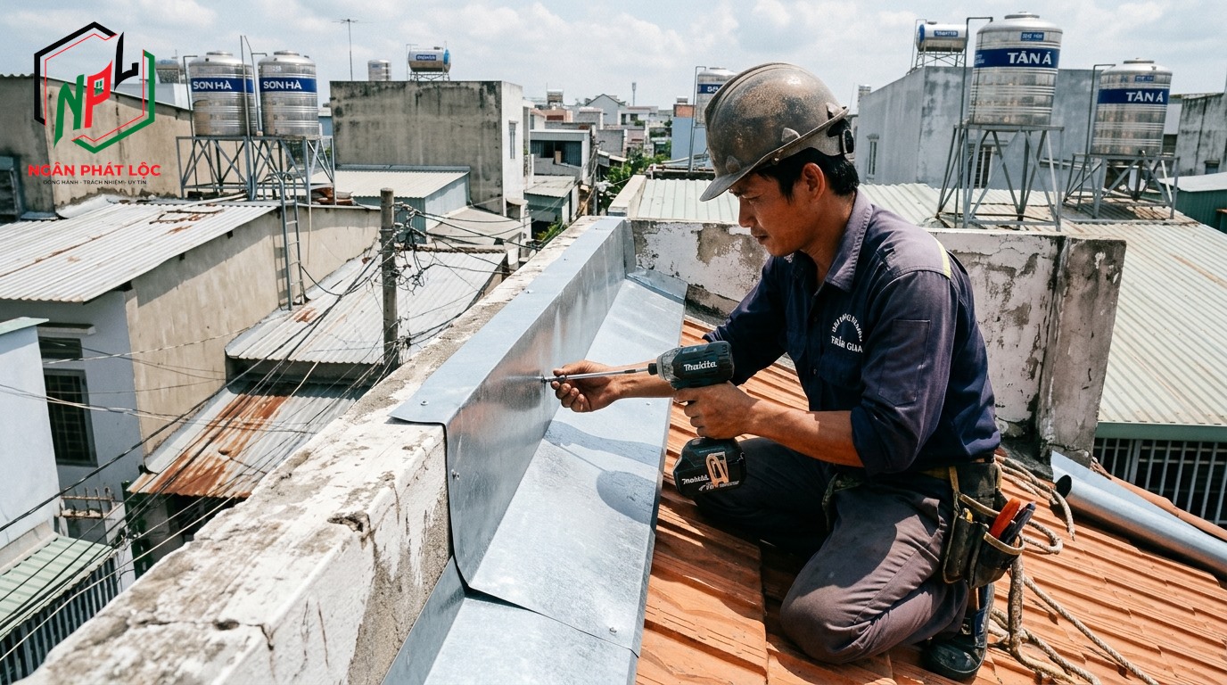 thợ lắp đặt máng tôn lá inox che chắn nước khe tiếp giáp hai nhà