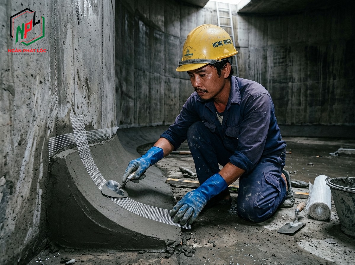 bo góc chân tường vát fillet 45 độ dán lưới thủy tinh gia cường bể nước