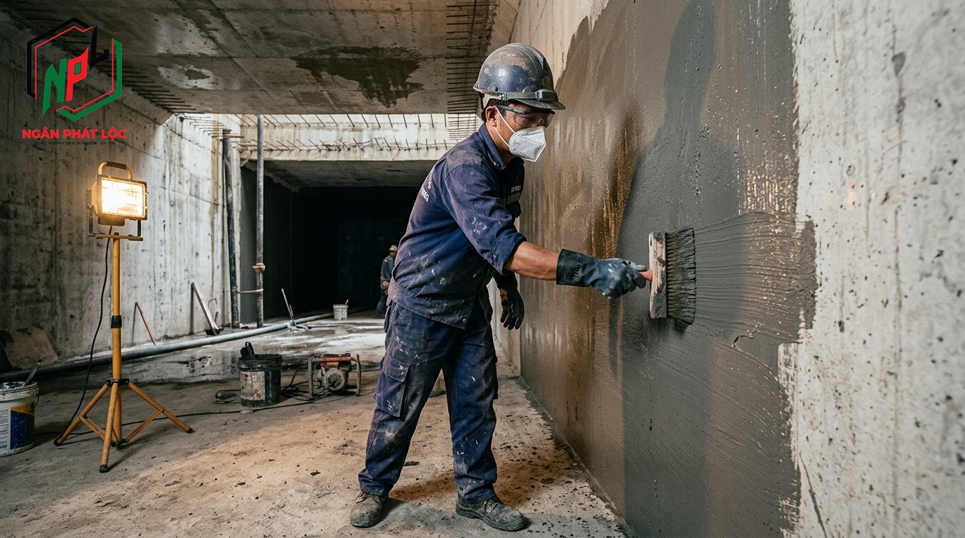 thi công quét màng xi măng polymer đàn hồi 2 thành phần lớp 1 thành bể