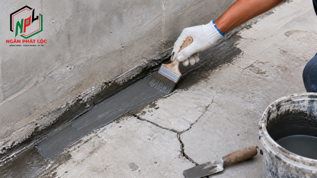 Cần cạo sạch rêu mốc, bụi bẩn và quét xử lý kín các vết nứt chân chim trước khi phủ lớp chống thấm.