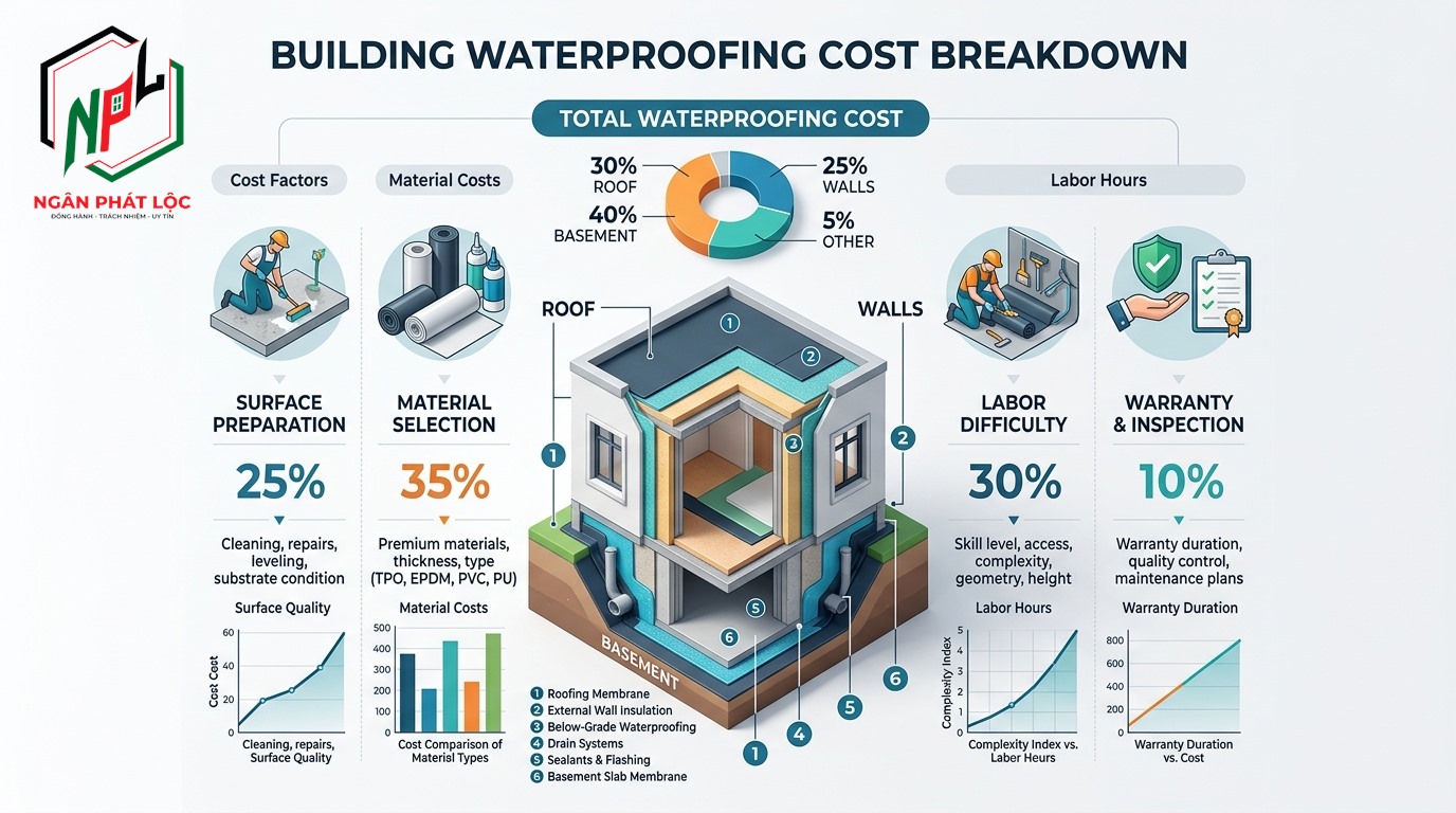 infographic tổng quan các yếu tố cấu thành chi phí chống thấm công trình
