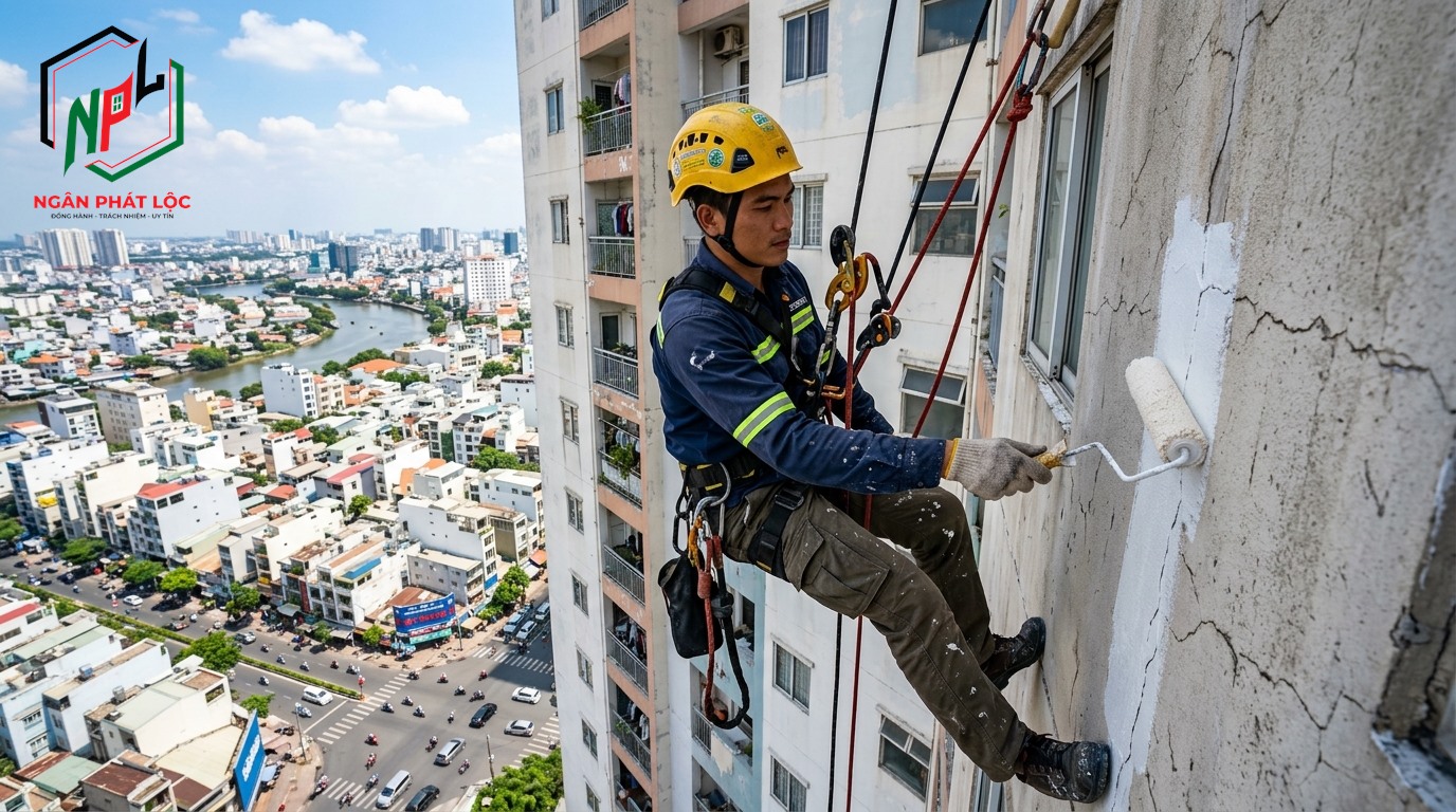 thợ đu dây thi công chống thấm vách ngoài nhà cao tầng địa hình khó