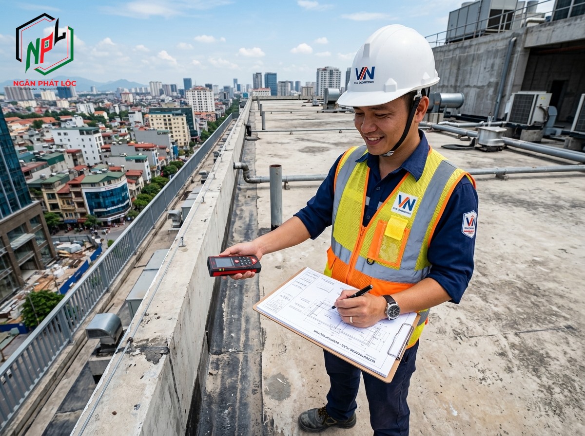 kỹ sư xây dựng đo đạc khảo sát thực tế mặt bằng công trình chống thấm