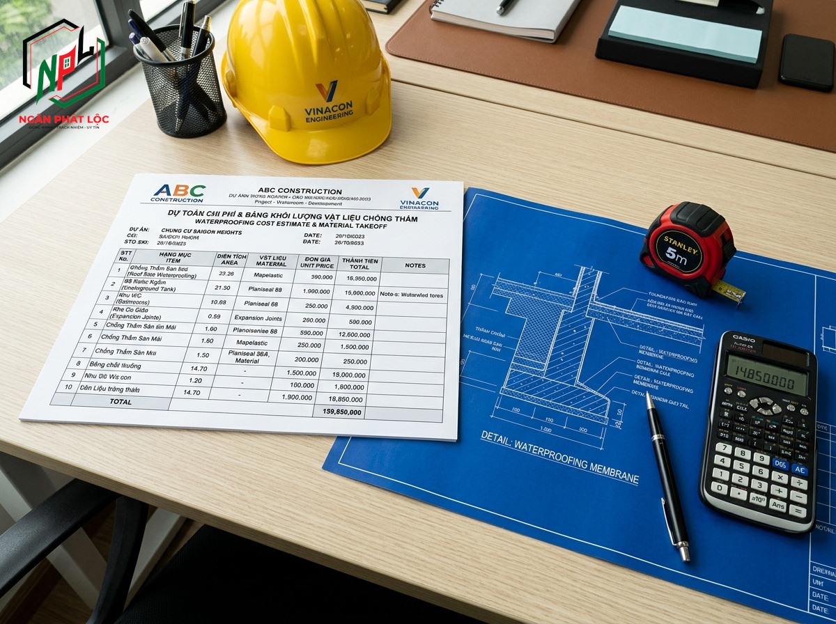 bảng dự toán bóc tách chi phí vật tư và nhân công chống thấm minh bạch