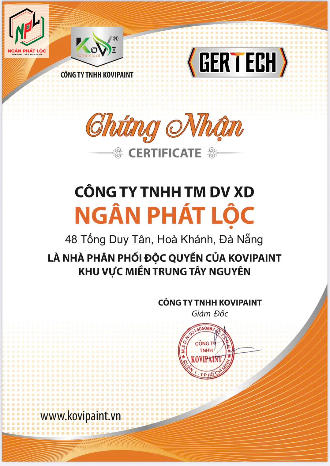 giấy chứng nhận nhà phân phối độc quyền chính hãng kovipaint trao cho ngân phát lộc