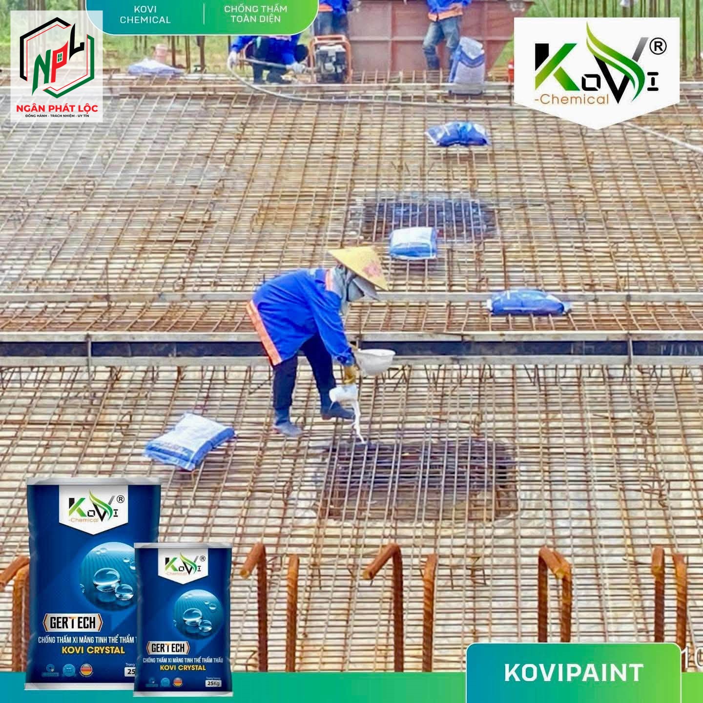 thợ việt nam thi công quét chống thấm thẩm thấu kovi crystal sàn bê tông cốt thép